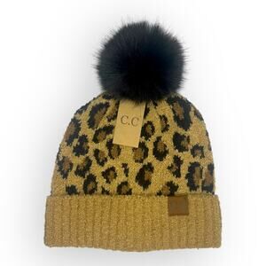 C.C Leopard Faux Fur Pom Beanie Adult Size Tan Latte Black Printed Winter Hat